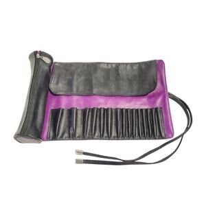 Younique Makeup Brush Case Roll Up Bag Zipper Pouch & Tie-15 slots Black Purple